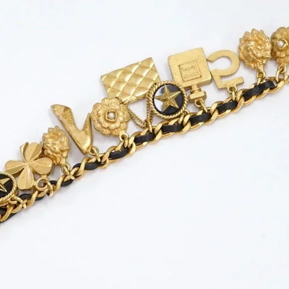 CHANEL No.5 Multi Charm Leather Chain Bracelet 7.3" Gold Tone 94P Auth w/Box - Picture 3 of 6